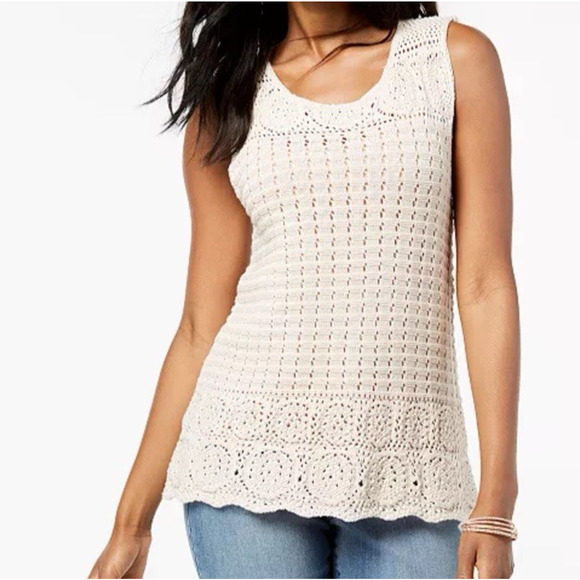 Style And Co Womens Ivory Sleeveless Crochet‎ Pattern Top Size Medium - Picture 1 of 8